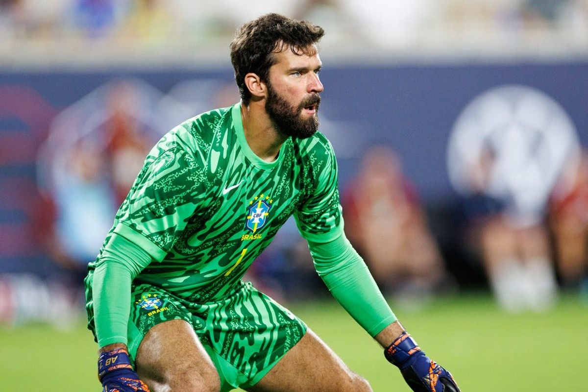 Jun 12, 2024; Orlando, Florida, USA;  Brazil goalkeeper Alisson Becker (1) looks on during the Continental Clasico match against the United States at Camping World Stadium. Mandatory Credit: Nathan Ray Seebeck-USA TODAY Sports