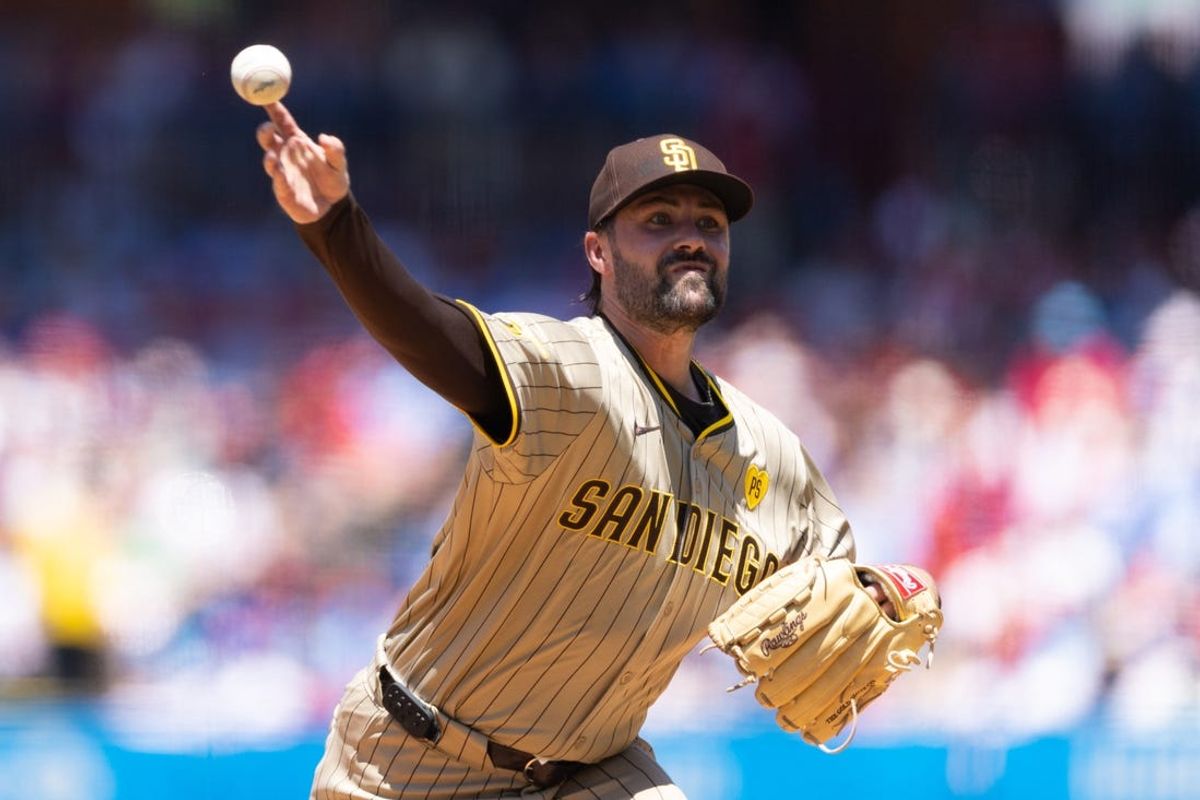 Jun 19, 2024; Philadelphia, Pennsylvania, USA; San Diego Padres pitcher Matt Waldron (61) throws a pitch during the second inning against the Philadelphia Phillies at Citizens Bank Park. Mandatory Credit: Bill Streicher-USA TODAY Sports