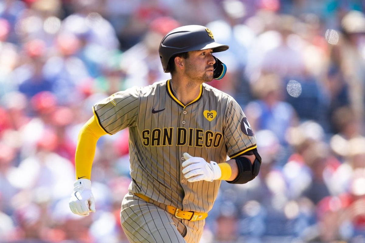 Jun 19, 2024; Philadelphia, Pennsylvania, USA; San Diego Padres catcher Kyle Higashioka (20) runs the bases after hitting a three RBI triple during the eighth inning against the Philadelphia Phillies at Citizens Bank Park. Mandatory Credit: Bill Streicher-USA TODAY Sports