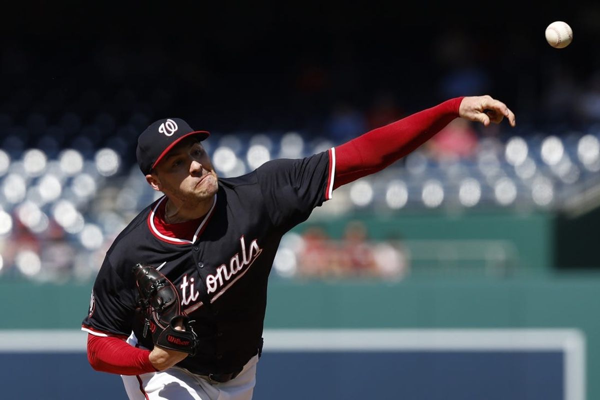 Jun 19, 2024; Washington, District of Columbia, USA; Washington Nationals starting pitcher Patrick Corbin (46) pitches against the Arizona Diamondbacks during the first inning at Nationals Park. Mandatory Credit: Geoff Burke-USA TODAY Sports