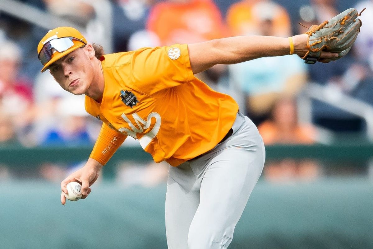 Tennessee's Billy Amick (11) throws to first during a NCAA College World Series game between Tennessee and Florida State at Charles Schwab Field in Omaha, Neb., on Wednesday, June 19, 2024.
