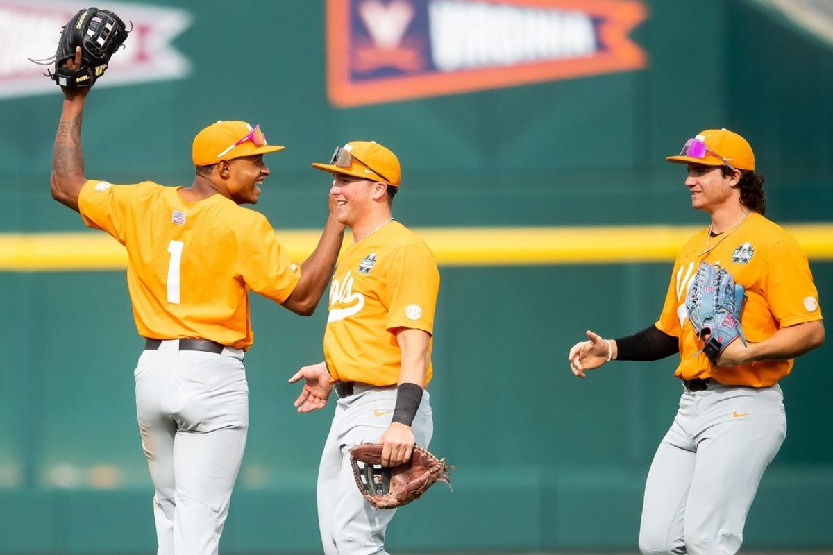 Tennessee celebrates their second NCAA College World Series win against Florida State at Charles Schwab Field in Omaha, Neb., on Wednesday, June 19, 2024.
