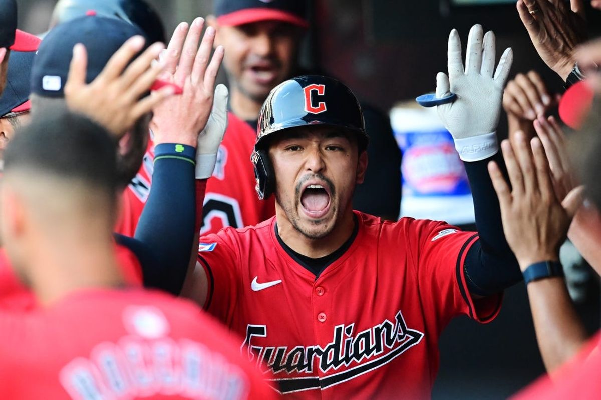 Jun 19, 2024; Cleveland, Ohio, USA; Cleveland Guardians left fielder Steven Kwan (38) celebrates after hitting a home run during the second inning against the Seattle Mariners at Progressive Field. Mandatory Credit: Ken Blaze-USA TODAY Sports