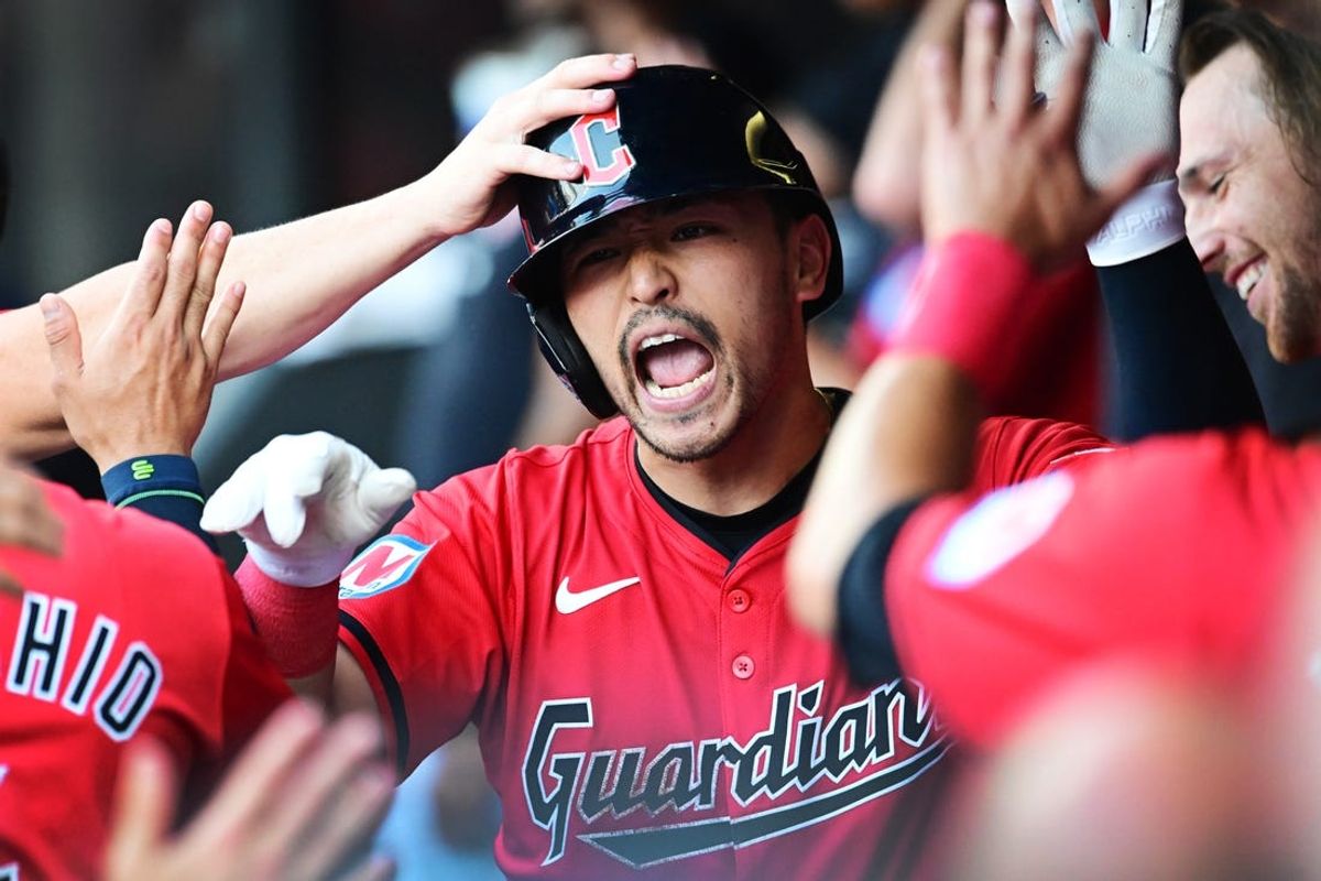 Jun 19, 2024; Cleveland, Ohio, USA; Cleveland Guardians left fielder Steven Kwan (38) celebrates after hitting a home run during the second inning against the Seattle Mariners at Progressive Field. Mandatory Credit: Ken Blaze-USA TODAY Sports
