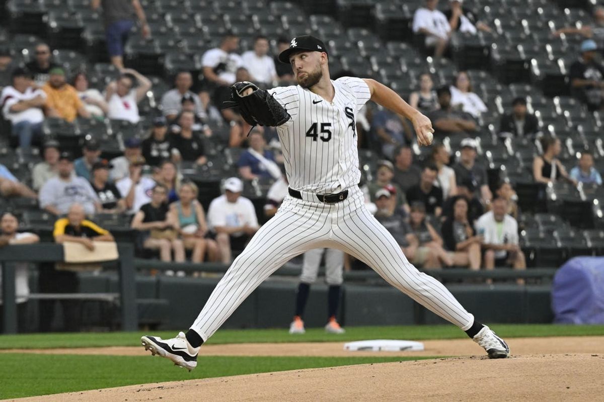 Jun 19, 2024; Chicago, Illinois, USA;  Chicago White Sox pitcher Garrett Crochet (45) delivers during the first inning against the Houston Astros at Guaranteed Rate Field. Mandatory Credit: Matt Marton-USA TODAY Sports