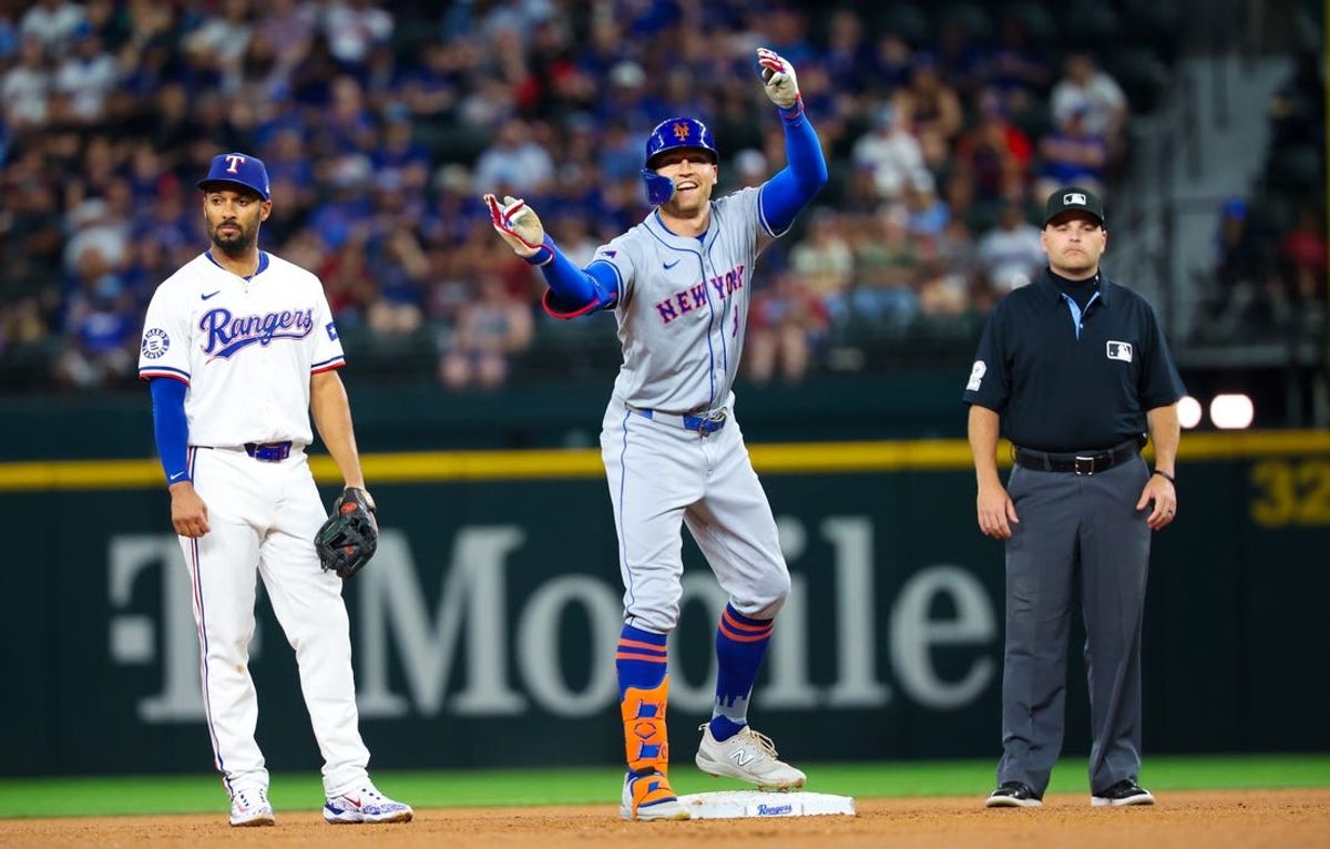 Jun 19, 2024; Arlington, Texas, USA; New York Mets left fielder Brandon Nimmo (9) reacts after hitting a double during the fourth inning against the Texas Rangers at Globe Life Field. Mandatory Credit: Kevin Jairaj-USA TODAY Sports