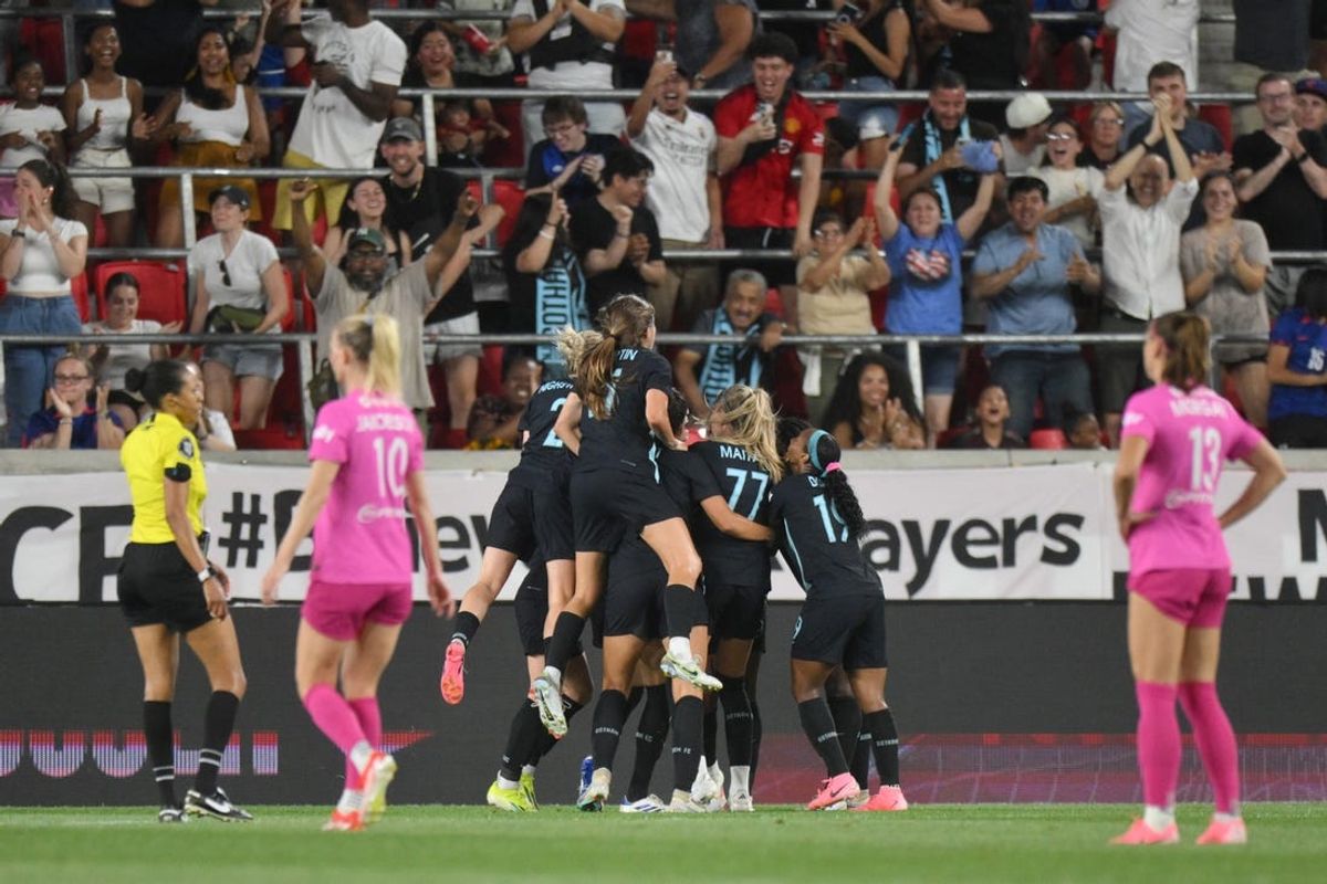 Jun 19, 2024; Harrison, New Jersey, USA; NJ/NY Gotham FC defender Maycee Bell (25) celebrates with teammates after scoring a goal against San Diego Wave FC in the second half at Red Bull Arena. Mandatory Credit: Jonathan Jones-USA TODAY Sports