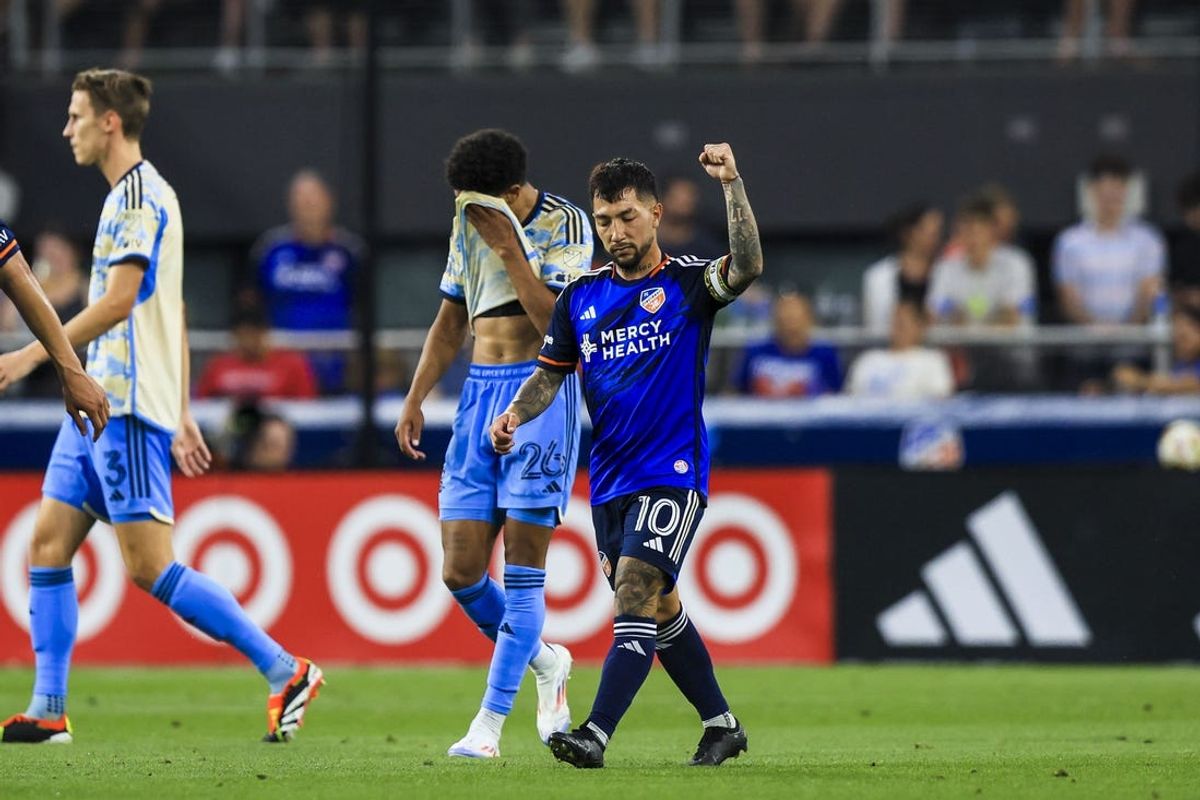 Jun 19, 2024; Cincinnati, Ohio, USA; FC Cincinnati midfielder Luciano Acosta (10) reacts after scoring a goal against the Philadelphia Union in the second half at TQL Stadium. Mandatory Credit: Katie Stratman-USA TODAY Sports