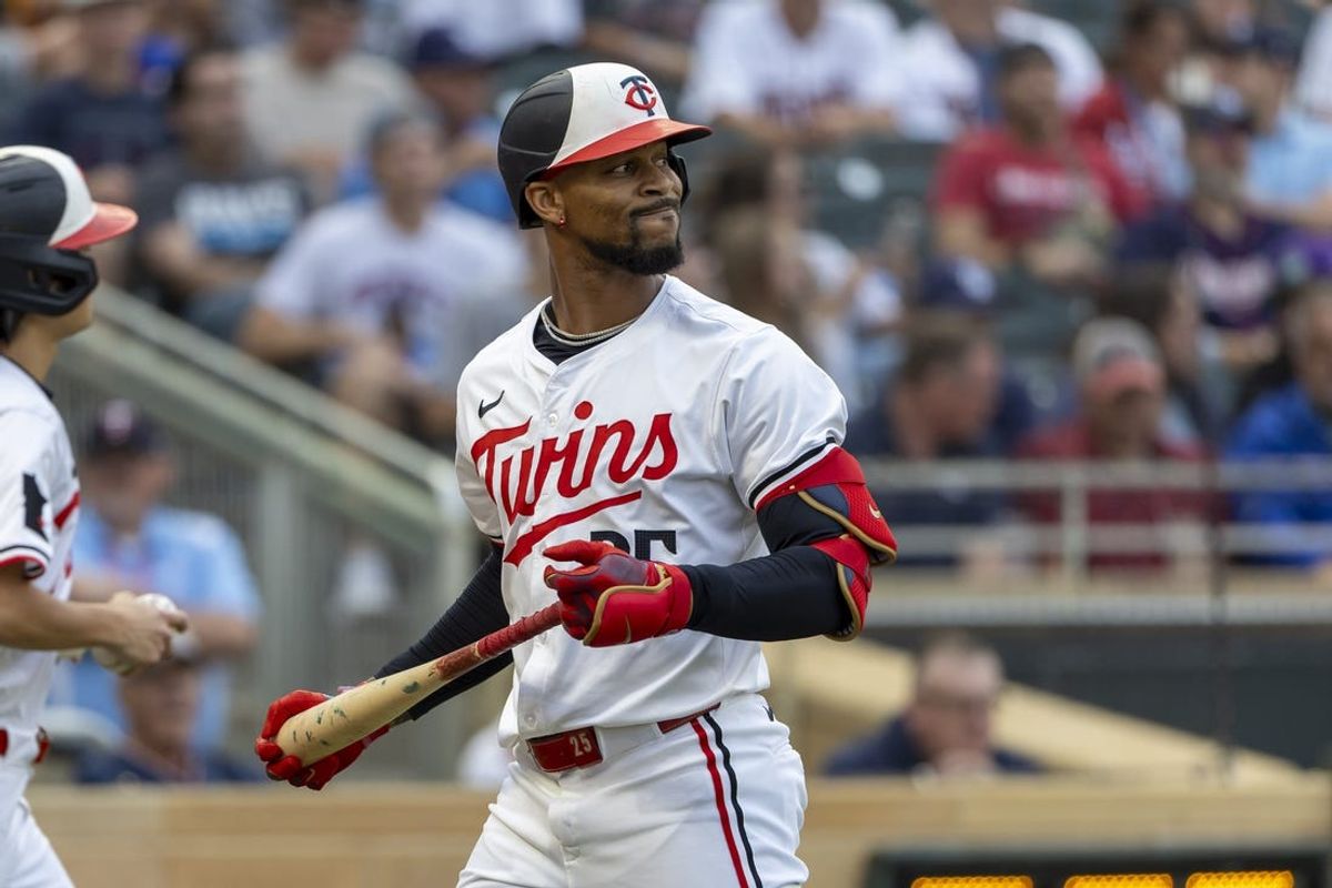 Jun 19, 2024; Minneapolis, Minnesota, USA; Minnesota Twins center fielder Byron Buxton (25) looks on after striking out against the Tampa Bay Rays in the fourth inning at Target Field. Mandatory Credit: Jesse Johnson-USA TODAY Sports
