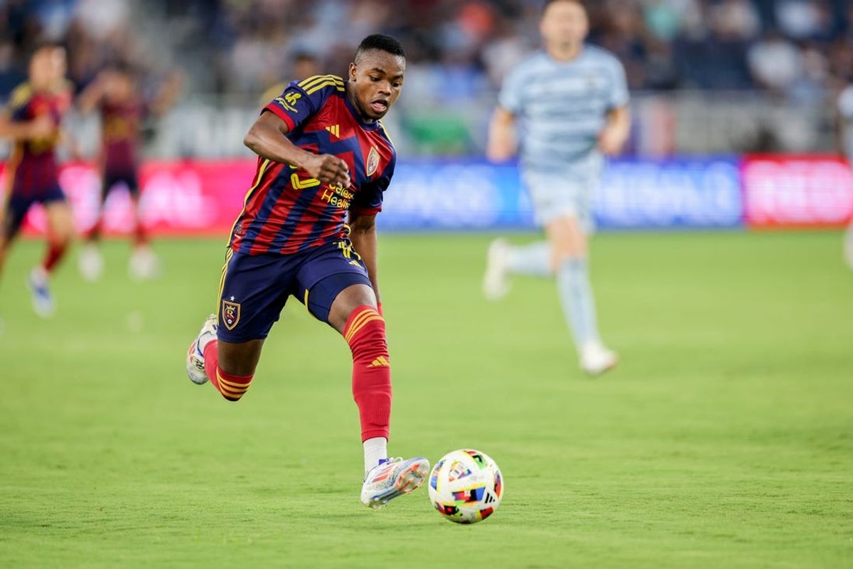 Jun 19, 2024; Kansas City, Kansas, USA; Real Salt Lake forward Carlos Andres Gomez (11) drives to the goal during the second half against the Sporting Kansas City at Children's Mercy Park. Mandatory Credit: William Purnell-USA TODAY Sports