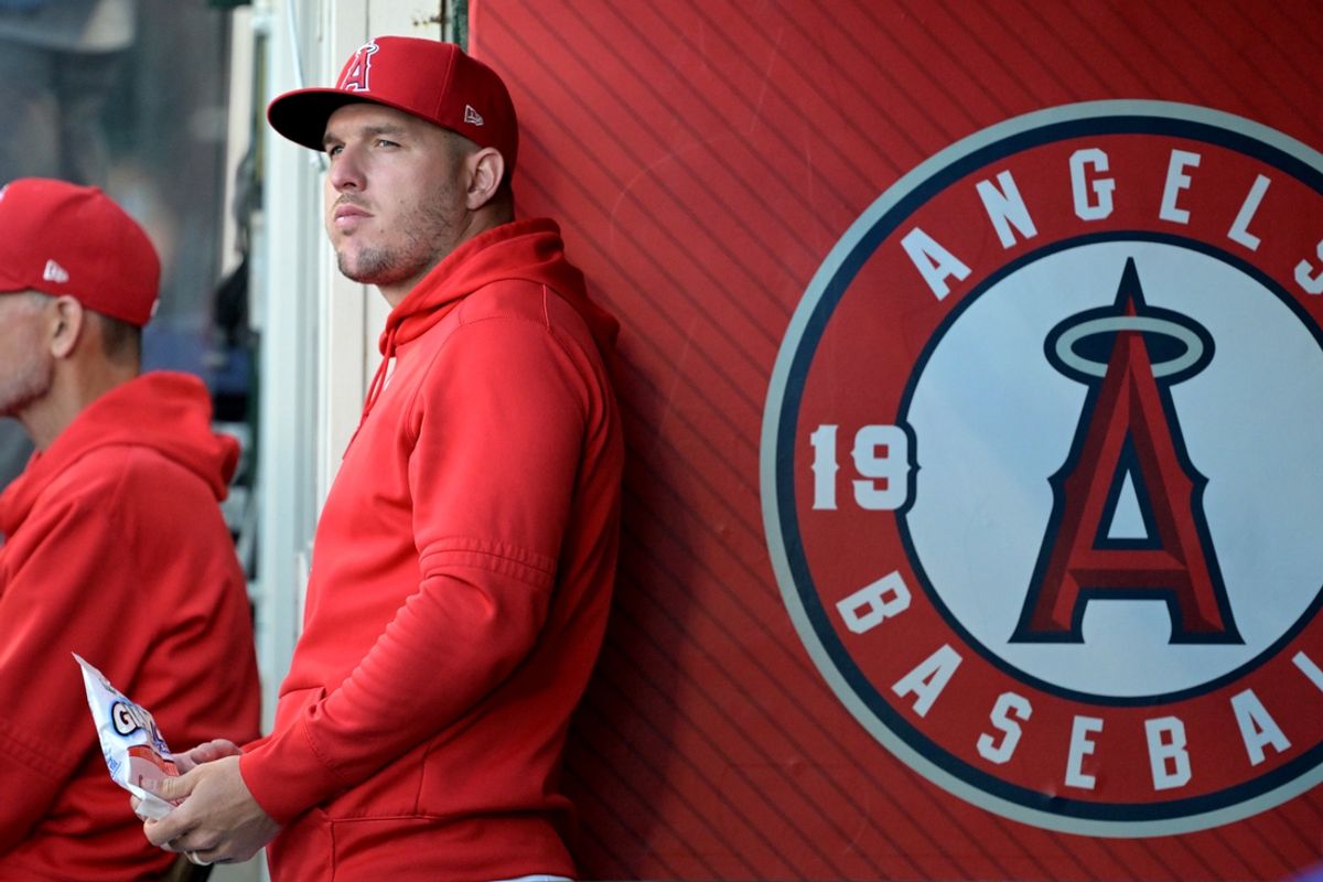 Jun 19, 2024; Anaheim, California, USA;  Los Angeles Angels center fielder Mike Trout (27) looks on from the dugout against the Milwaukee Brewers at Angel Stadium. Mandatory Credit: Jayne Kamin-Oncea-USA TODAY Sports