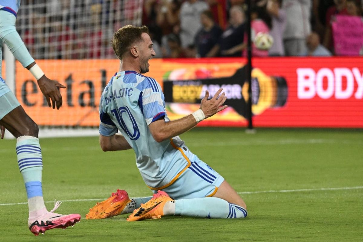Jun 19, 2024; St. Louis, Missouri, USA; Colorado Rapids midfielder Djordje Mihailovic (10) celebrates his penalty kick goal against St. Louis CITY SC at CITYPARK. Mandatory Credit: Scott Rovak-USA TODAY Sports