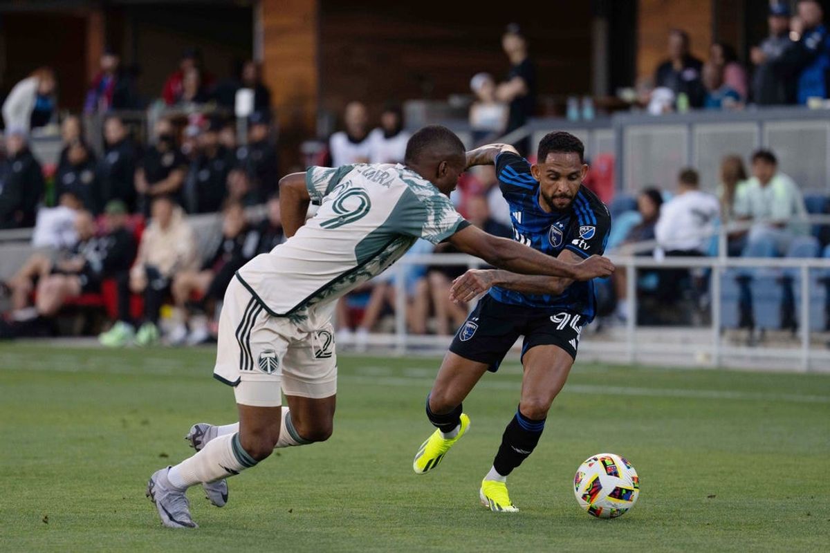 Jun 19, 2024; San Jose, California, USA; San Jose Earthquakes defender Vitor Costa (94) plays the ball defended by Portland Timbers defender Juan David Mosquera (29) in the first half at PayPal Park. Mandatory Credit: Stan Szeto-USA TODAY Sports