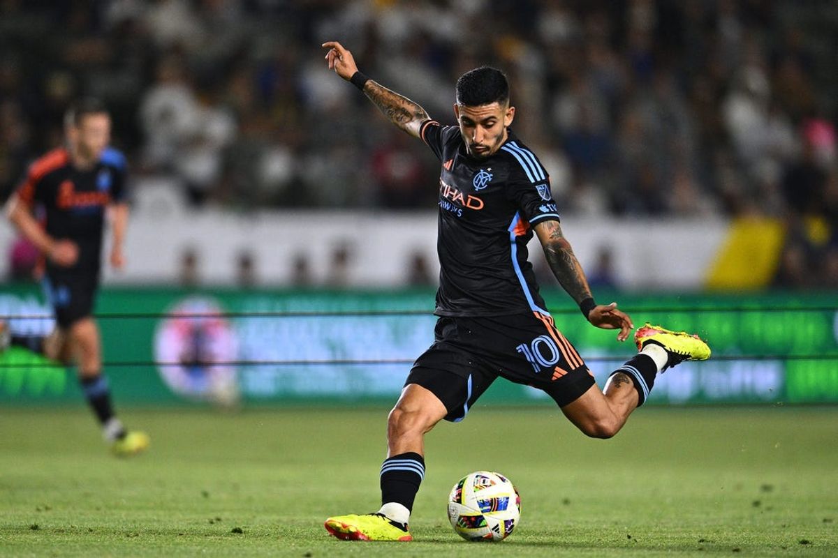 Jun 19, 2024; Carson, California, USA; New York City FC forward Santiago Rodriguez (10) shoots the ball against the LA Galaxy during the second half at Dignity Health Sports Park. Mandatory Credit: Kelvin Kuo-USA TODAY Sports
