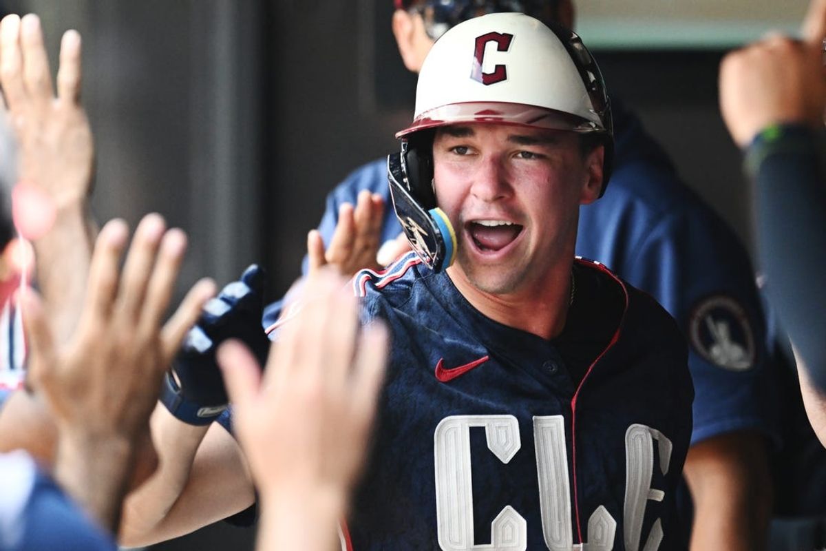 Jun 20, 2024; Cleveland, Ohio, USA; Cleveland Guardians right fielder Will Brennan (17) celebrates after hitting a home run during the second inning against the Seattle Mariners at Progressive Field. Mandatory Credit: Ken Blaze-USA TODAY Sports