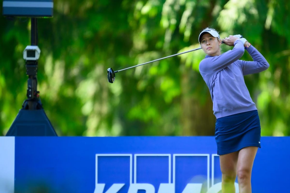Jun 20, 2024; Sammamish, Washington, USA; Nelly Korda drives the ball on hole fifteen during the first round of the KPMG Women's PGA Championship golf tournament. Mandatory Credit: Steven Bisig-USA TODAY Sports