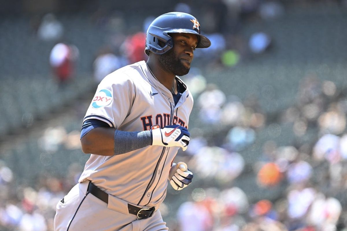 Jun 20, 2024; Chicago, Illinois, USA;  Houston Astros outfielder Yordan Alvarez (44) runs the bases after he hits a home run against the Chicago White Sox during the first inning at Guaranteed Rate Field. Mandatory Credit: Matt Marton-USA TODAY Sports