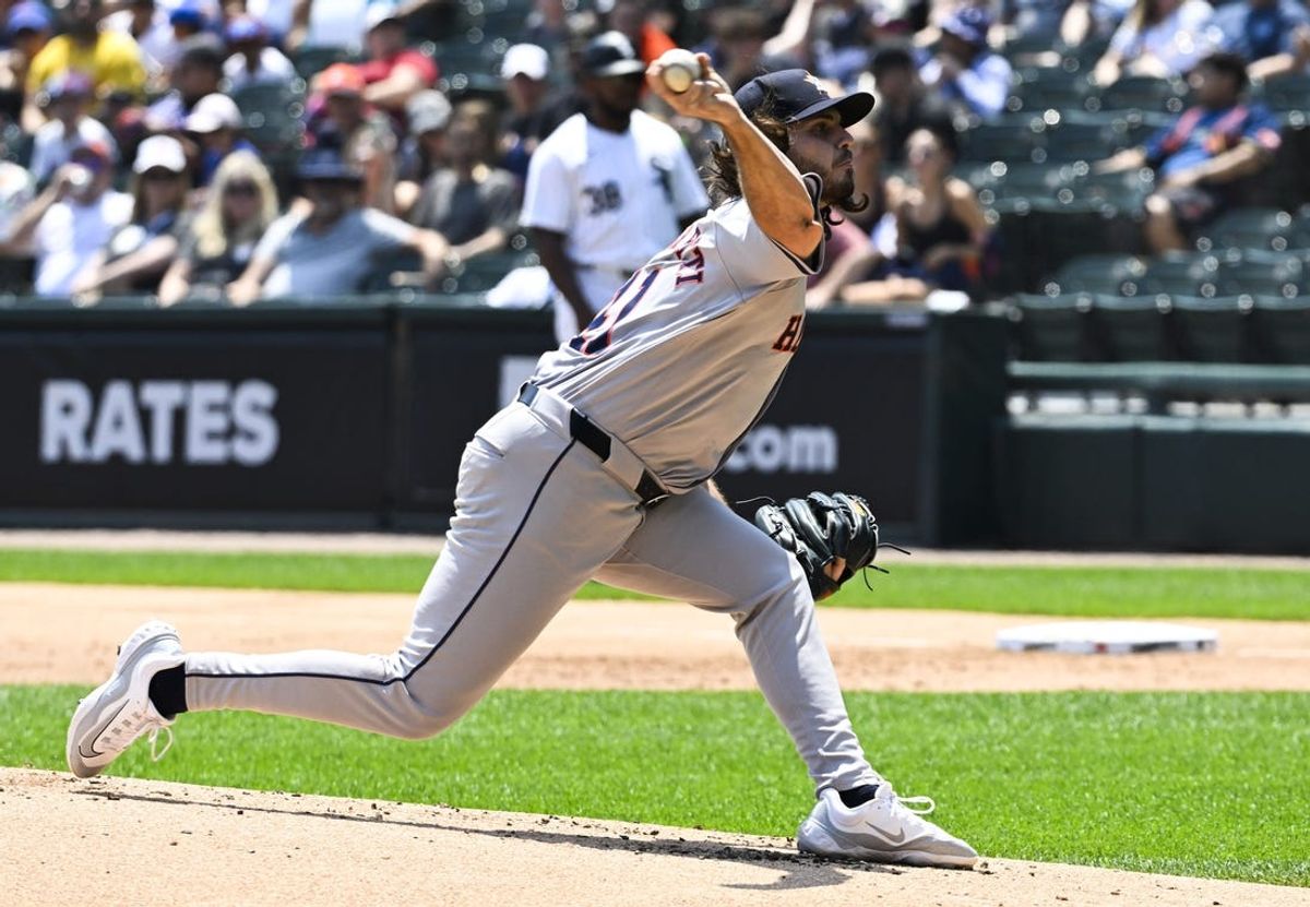 Jun 20, 2024; Chicago, Illinois, USA;  Houston Astros pitcher Spencer Arrighetti (41) delivers against the Chicago White Sox during the first inning at Guaranteed Rate Field. Mandatory Credit: Matt Marton-USA TODAY Sports