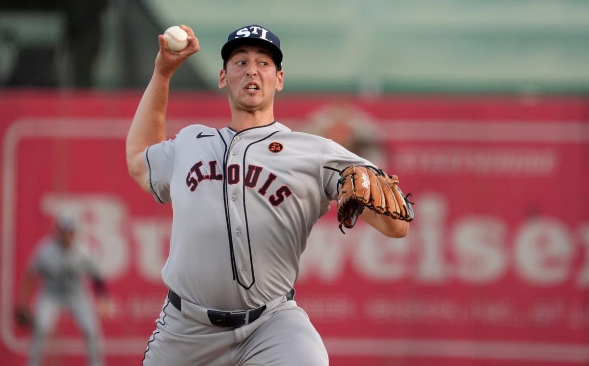 Jun 20, 2024; Fairfield, Alabama, USA; St. Louis Cardinals pitcher Andre Pallante (53) throws during the 1st inning against the San Francisco Giants in the MLB at Rickwood Field tribute game to the Negro Leagues. Rickwood Field is the oldest baseball stadium in America. Mandatory Credit: John David Mercer-USA TODAY Sports