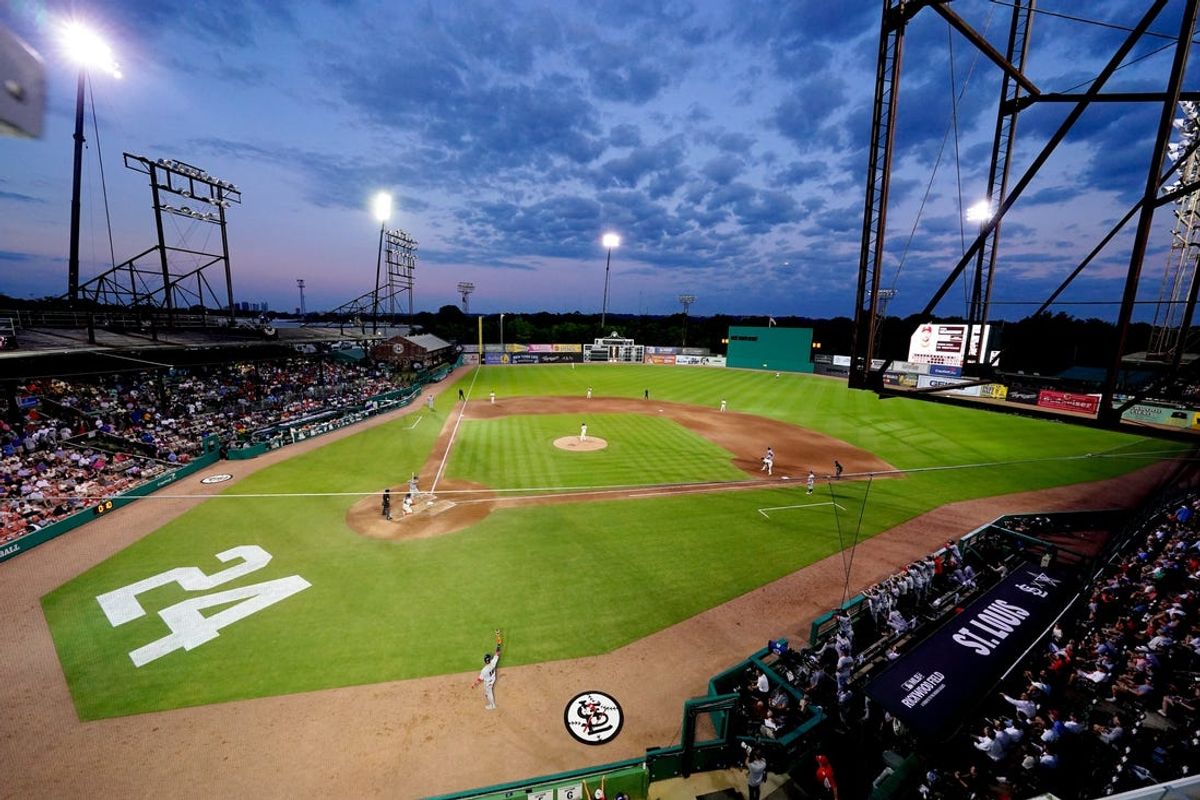 Jun 20, 2024; Fairfield, Alabama, USA; Players for the St. Louis Cardinals and San Francisco Giants play during the fifth inning in the MLB at Rickwood Field tribute game to the Negro Leagues. Rickwood Field is the oldest baseball stadium in America. Mandatory Credit: John David Mercer-USA TODAY Sports
