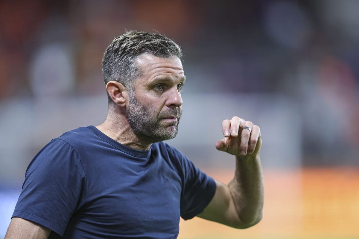Jun 19, 2024; Houston, Texas, USA; Houston Dynamo FC head coach Ben Olsen reacts during the second half against Seattle Sounders FC at Shell Energy Stadium. Mandatory Credit: Troy Taormina-USA TODAY Sports
