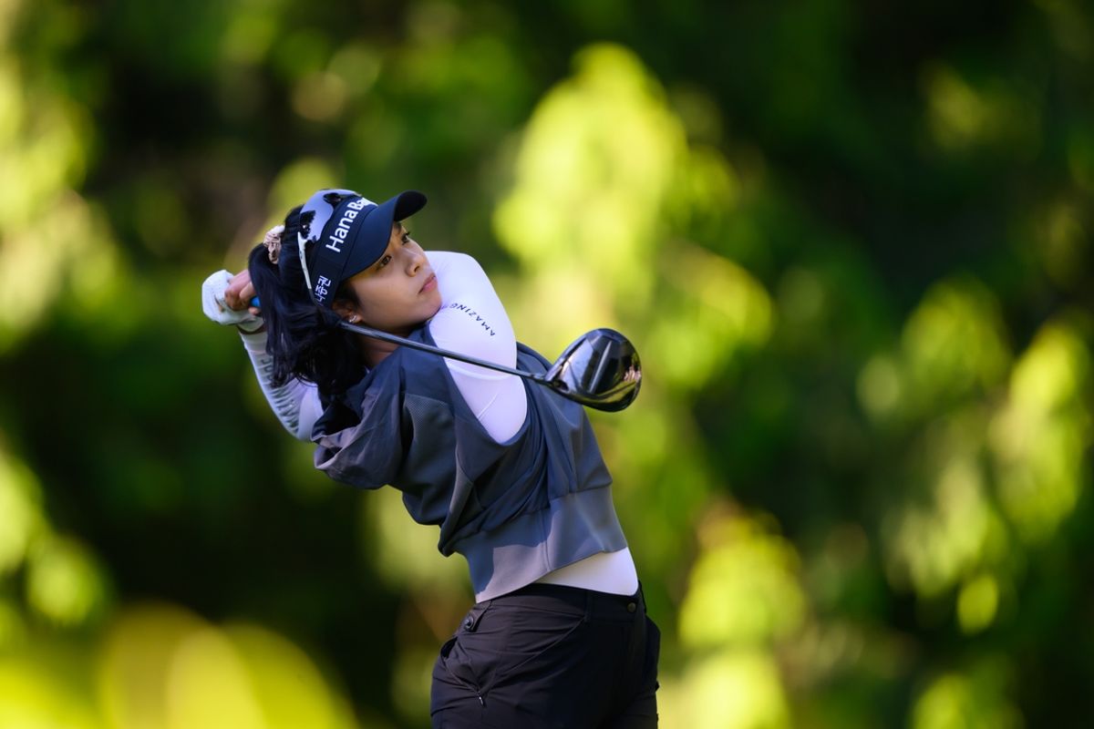 Jun 21, 2024; Sammamish, Washington, USA; Patty Tavatanakit drives the ball on hole fifteen during the second round of the KPMG Women's PGA Championship golf tournament. Mandatory Credit: Steven Bisig-Imagn Images