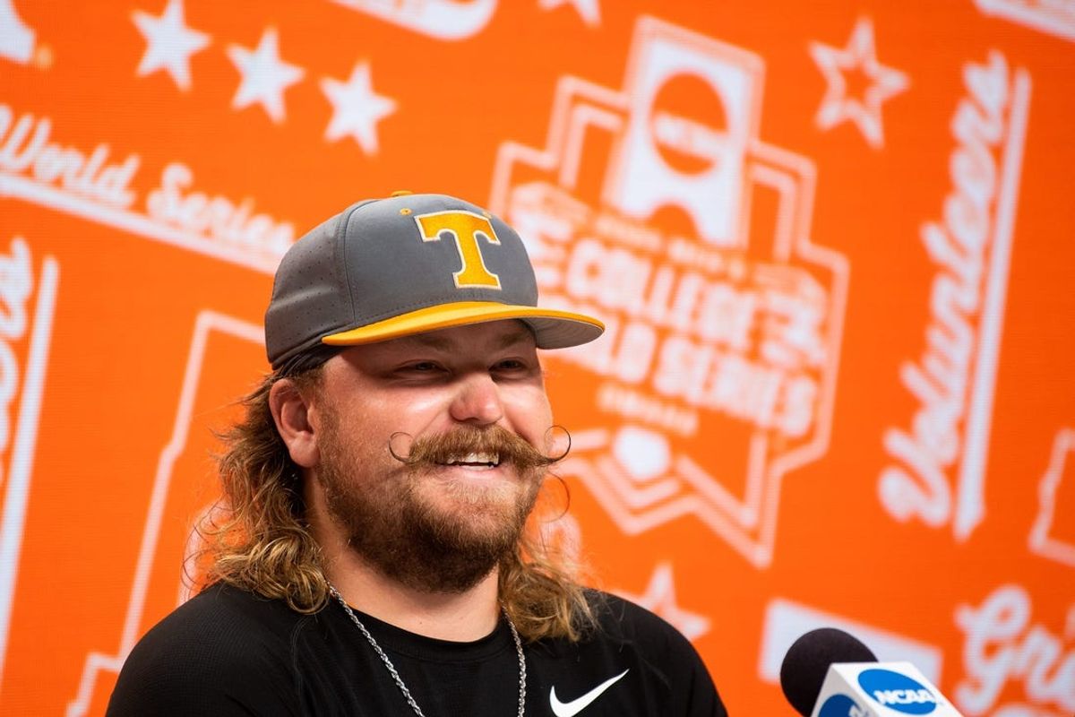 Tennessee's Kirby Connell (35) during a press conference before the NCAA College World Series finals at Charles Schwab Field in Omaha, Neb., on Friday, June 21, 2024.