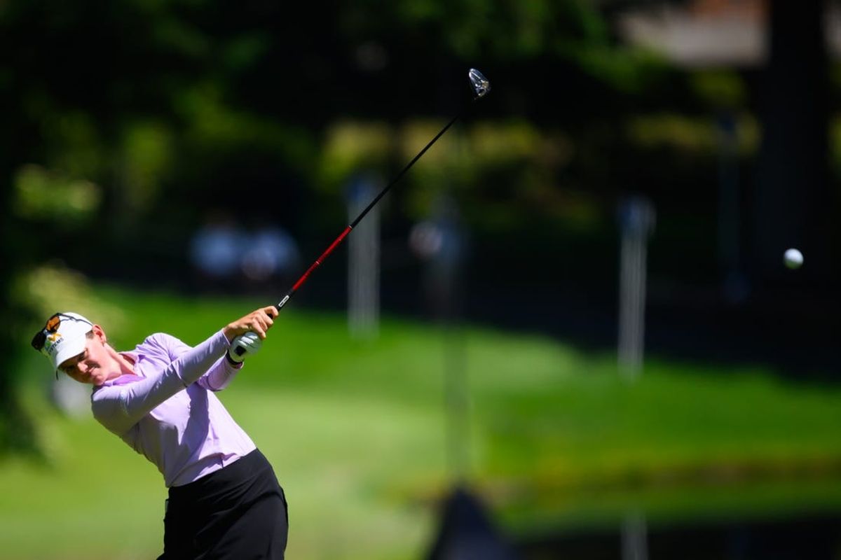 Jun 21, 2024; Sammamish, Washington, USA; Sarah Schmelzel hits the ball from the hole eighteen fairway during the second round of the KPMG Women's PGA Championship golf tournament. Mandatory Credit: Steven Bisig-USA TODAY Sports