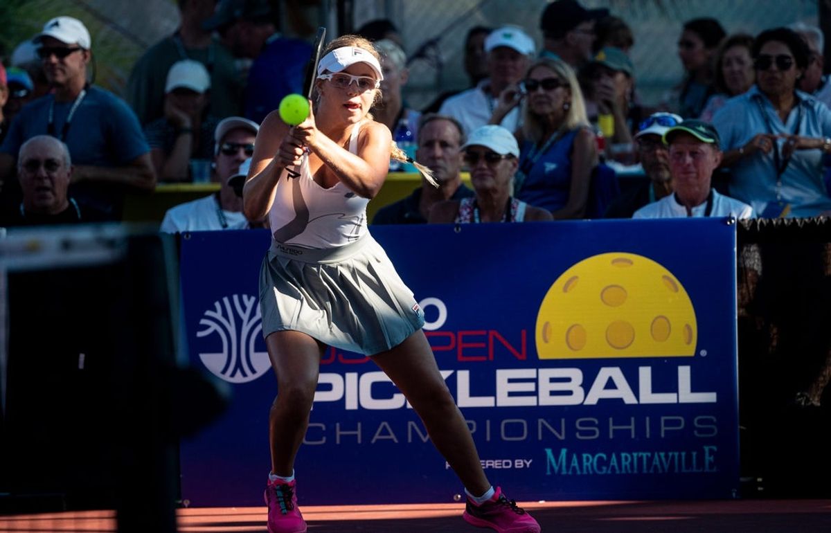 Anna Leigh Waters returns a ball during the mixed doubled final at the Minto US Open Pickleball Championships in Naples on Saturday, April 20, 2024. The world's No. 1 female player cruised to a mixed doubles win with JW Johnson and female doubles win with her mother Leigh.