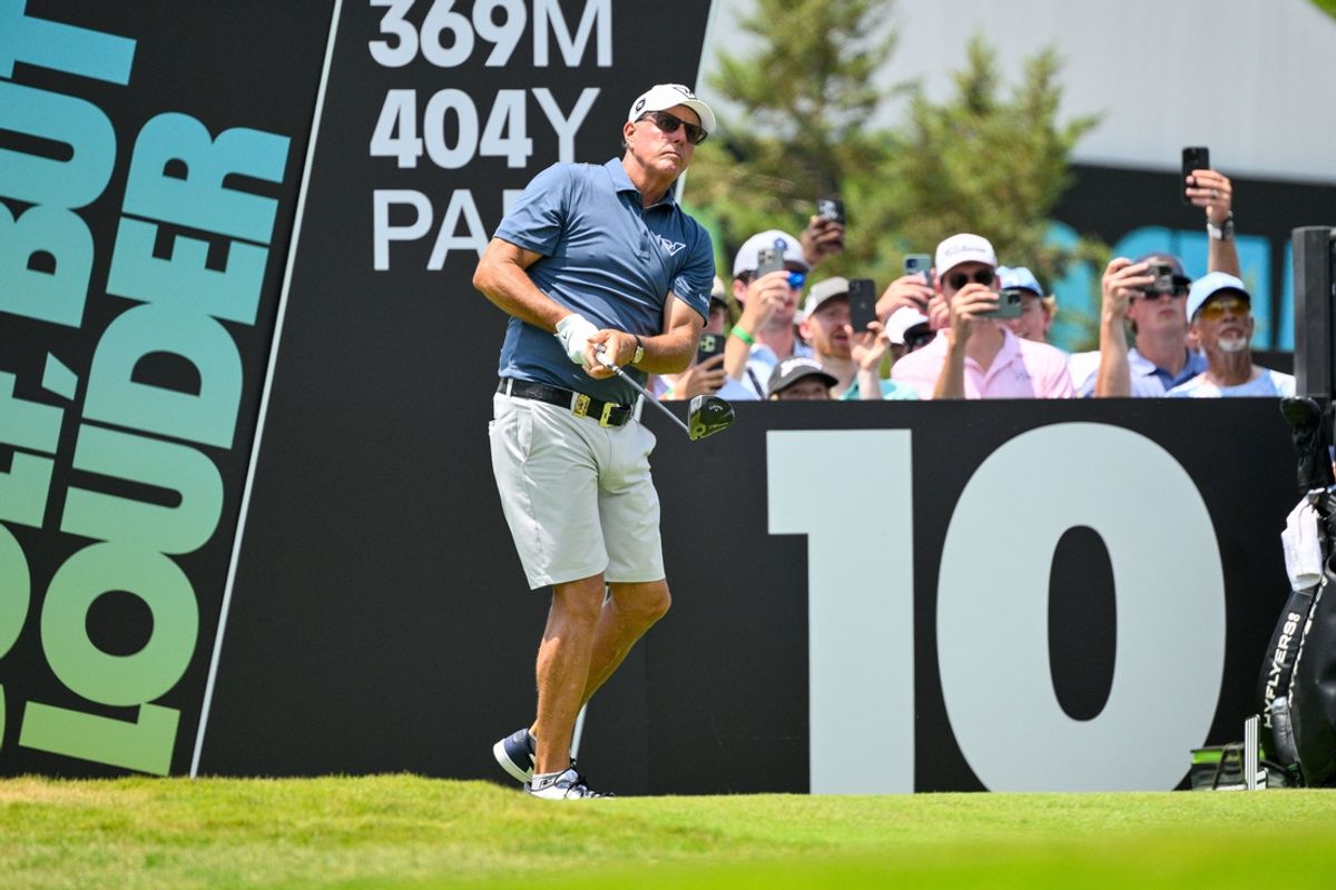 Jun 21, 2024; Nashville, Tennessee, USA;  Phil Mickelson of HyFlyers GC hits a tee shot at the 10th hole at The Grove. Mandatory Credit: Steve Roberts-Imagn Images