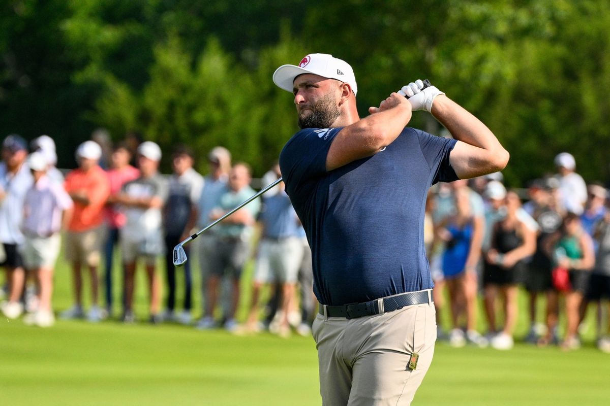 Jun 21, 2024; Nashville, Tennessee, USA;  Jon Rahm of Legion XIII takes his second shot at the 18th fairway at The Grove. Mandatory Credit: Steve Roberts-USA TODAY Sports