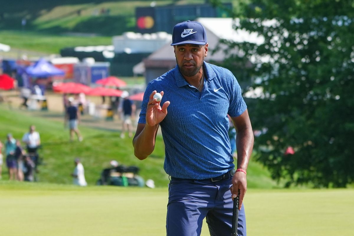 Jun 21, 2024; Cromwell, Connecticut, USA; Tony Finau reacts to making a putt on the first hole during the second round of the Travelers Championship golf tournament at TCP River Highlands. Mandatory Credit: Gregory Fisher-USA TODAY Sports
