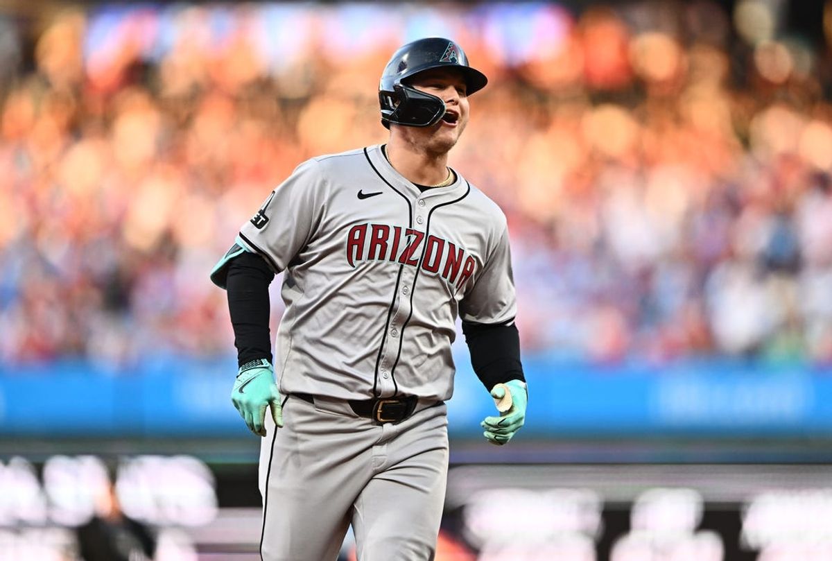 Jun 21, 2024; Philadelphia, Pennsylvania, USA; Arizona Diamondbacks designated hitter Joc Pederson (3) reacts after hitting a home run against the Philadelphia Phillies in the third inning at Citizens Bank Park. Mandatory Credit: Kyle Ross-USA TODAY Sports