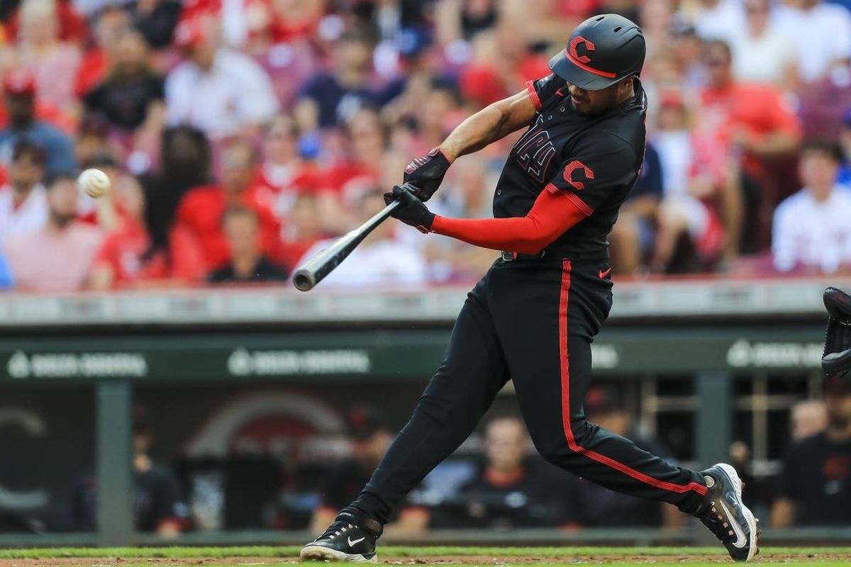 Jun 21, 2024; Cincinnati, Ohio, USA; Cincinnati Reds designated hitter Jeimer Candelario (3) hits a solo home run in the first inning against the Boston Red Sox at Great American Ball Park. Mandatory Credit: Katie Stratman-USA TODAY Sports