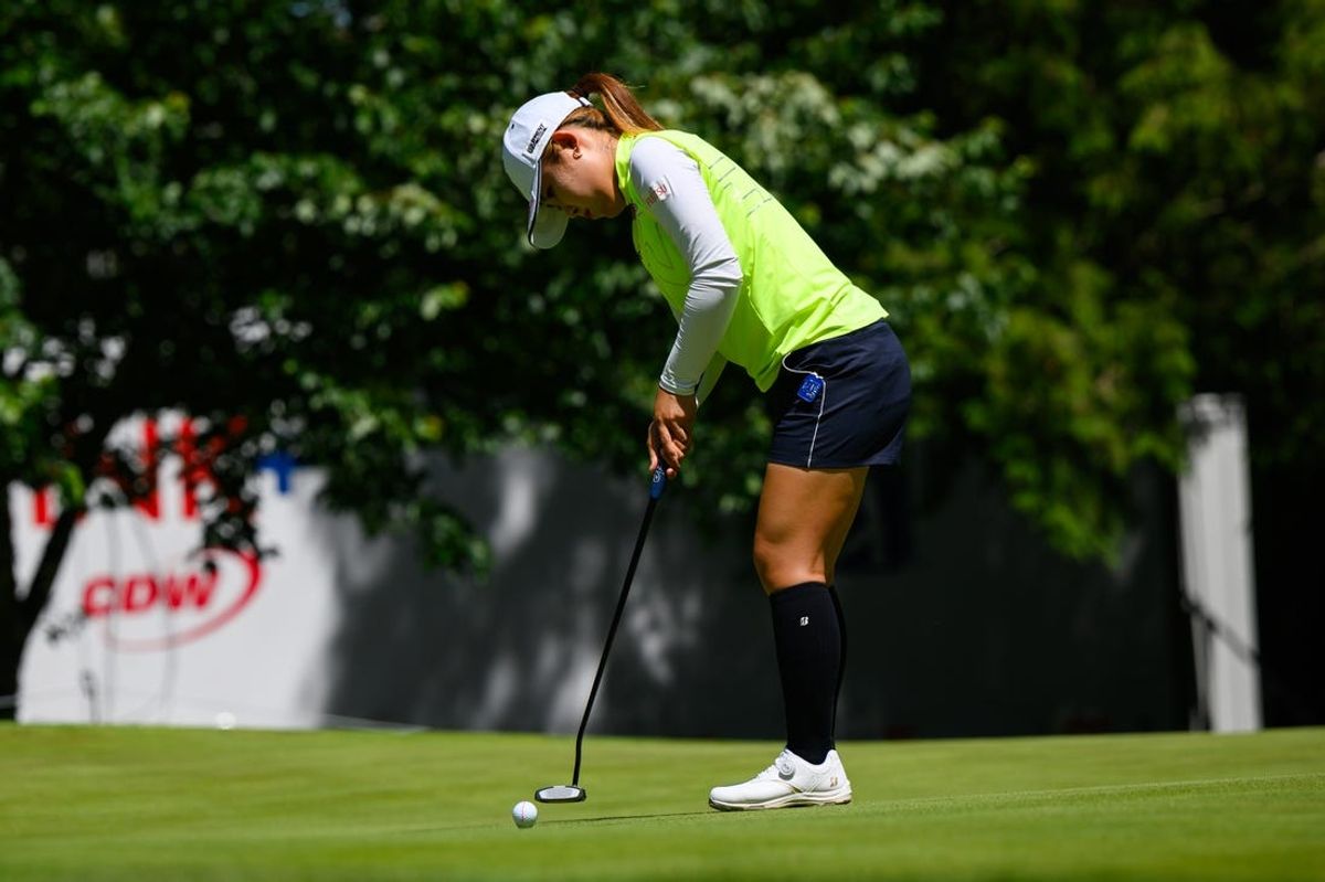 Jun 21, 2024; Sammamish, Washington, USA; Ayaka Furue putts on hole one during the second round of the KPMG Women's PGA Championship golf tournament. Mandatory Credit: Steven Bisig-USA TODAY Sports