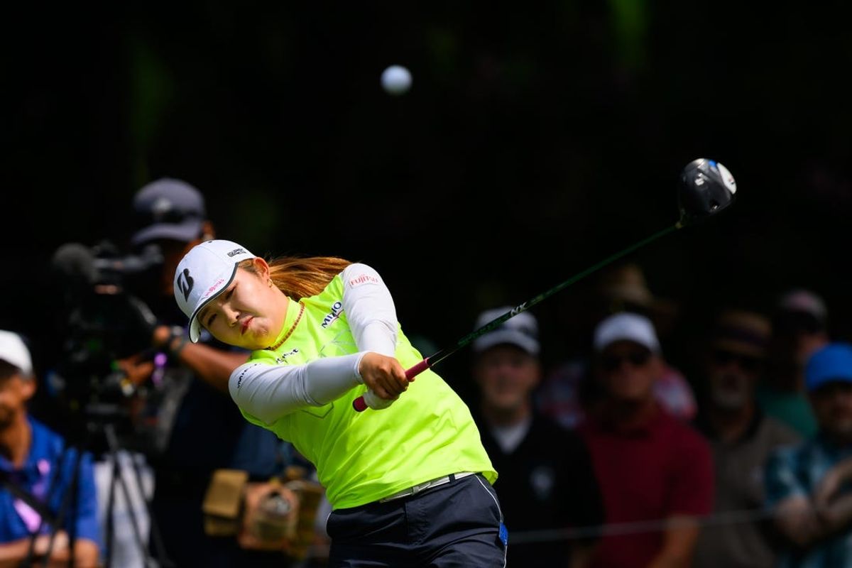 Jun 21, 2024; Sammamish, Washington, USA; Ayaka Furue tees off on hole seven during the second round of the KPMG Women's PGA Championship golf tournament. Mandatory Credit: Steven Bisig-USA TODAY Sports