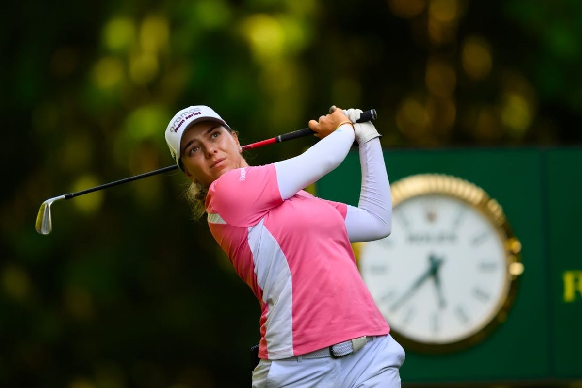 Jun 21, 2024; Sammamish, Washington, USA; Stephanie Kyriacou tees off on hole nine during the second round of the KPMG Women's PGA Championship golf tournament. Mandatory Credit: Steven Bisig-USA TODAY Sports