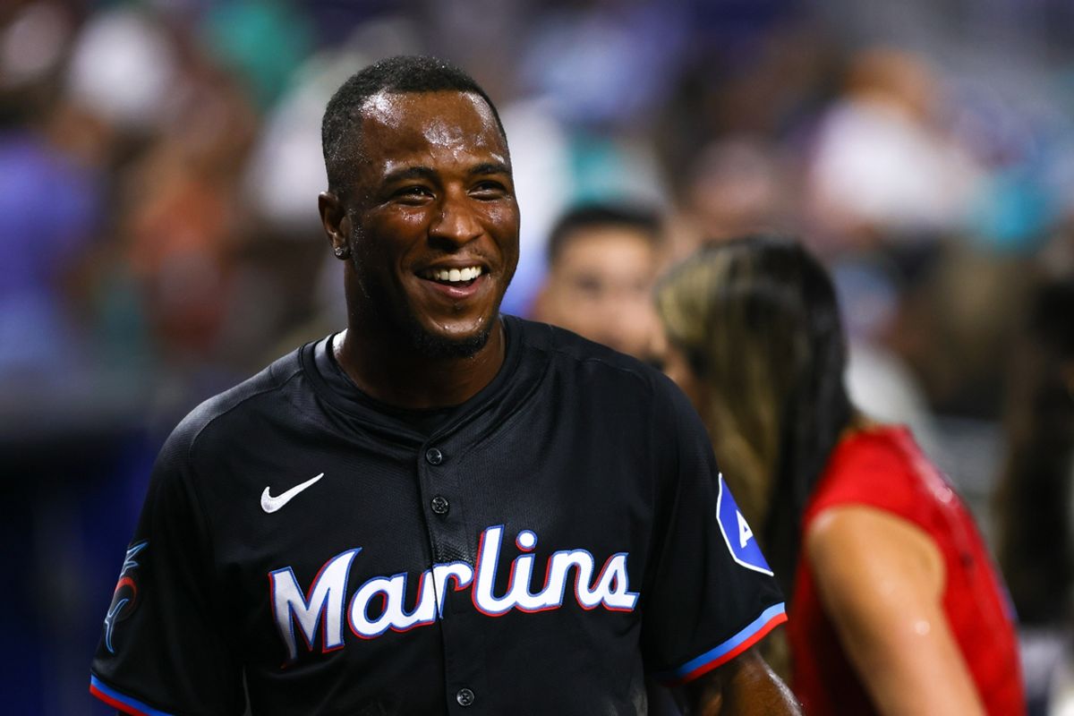 Jun 21, 2024; Miami, Florida, USA; Miami Marlins shortstop Tim Anderson (7) reacts after the game against the Seattle Mariners at loanDepot Park. Mandatory Credit: Sam Navarro-Imagn Images