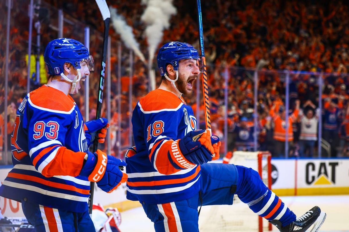 Jun 21, 2024; Edmonton, Alberta, CAN; Edmonton Oilers left wing Zach Hyman (18) celebrates his goal with teammates against the Florida Panthers during the second period in game six of the 2024 Stanley Cup Final at Rogers Place. Mandatory Credit: Sergei Belski-USA TODAY Sports