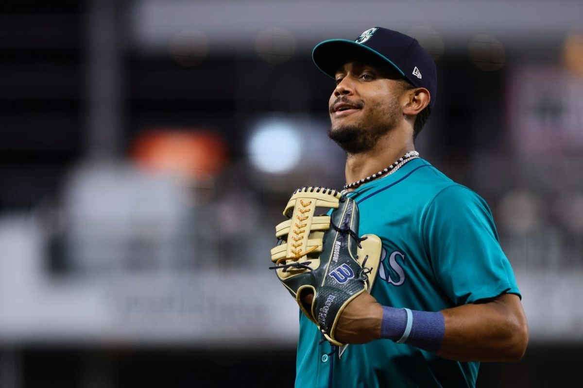 Jun 21, 2024; Miami, Florida, USA; Seattle Mariners center fielder Julio Rodriguez (44) looks on against the Miami Marlins during the ninth inning at loanDepot Park. Mandatory Credit: Sam Navarro-USA TODAY Sports