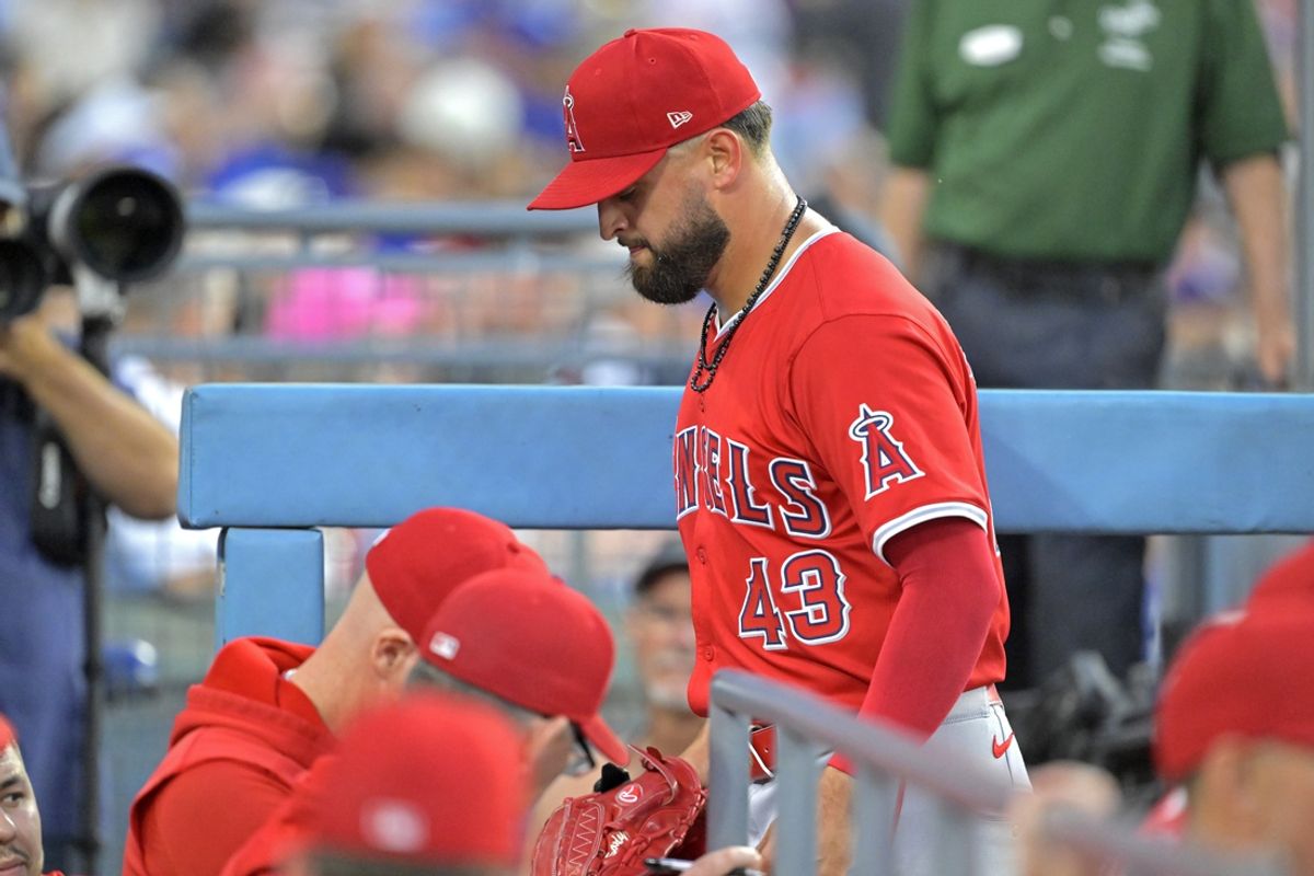 Jun 21, 2024; Los Angeles, California, USA;  Los Angeles Angels starting pitcher Patrick Sandoval (43) leaves the game after an injury during the third inning against the Los Angeles Dodgers at Dodger Stadium. Mandatory Credit: Jayne Kamin-Oncea-Imagn Images