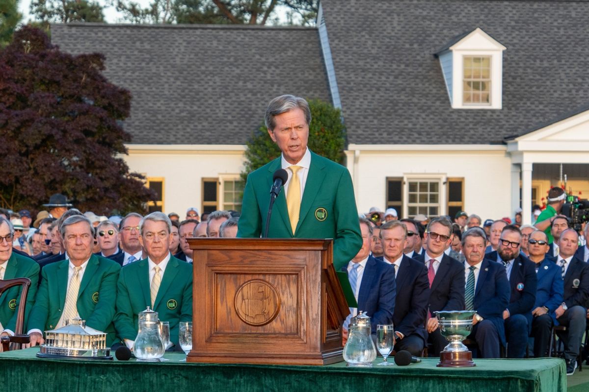 Apr 14, 2024; Augusta, Georgia, USA; Augusta National Golf Club chairman Fred Ridley speaks during green jacket ceremony following the final round of the Masters Tournament. Mandatory Credit: Kyle Terada-USA TODAY Network