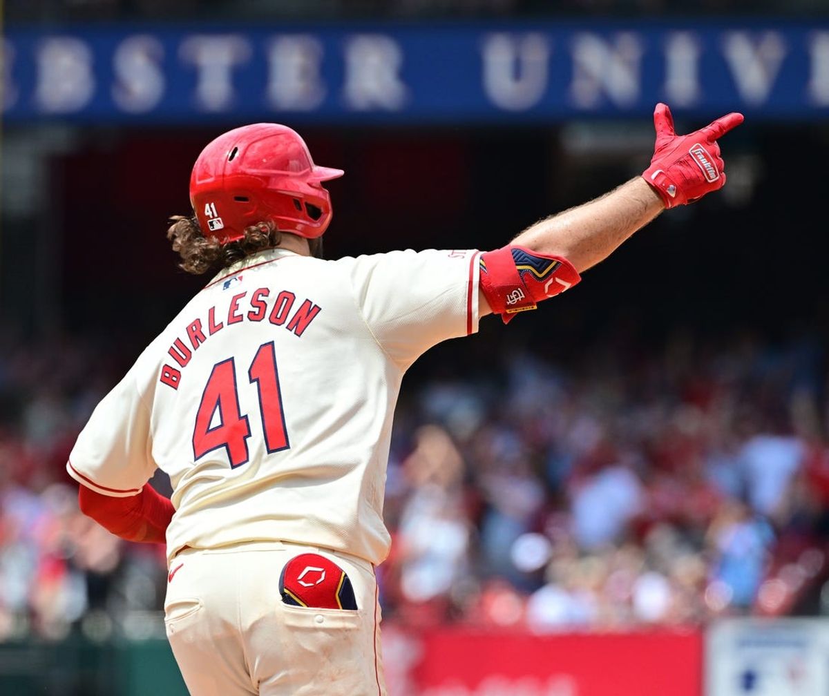 Jun 22, 2024; St. Louis, Missouri, USA; St. Louis Cardinals outfielder Alec Burleson (41) reacts as he runs the bases after his home run against the San Francisco Giants in the fourth inning at Busch Stadium. Mandatory Credit: Tim Vizer-USA TODAY Sports