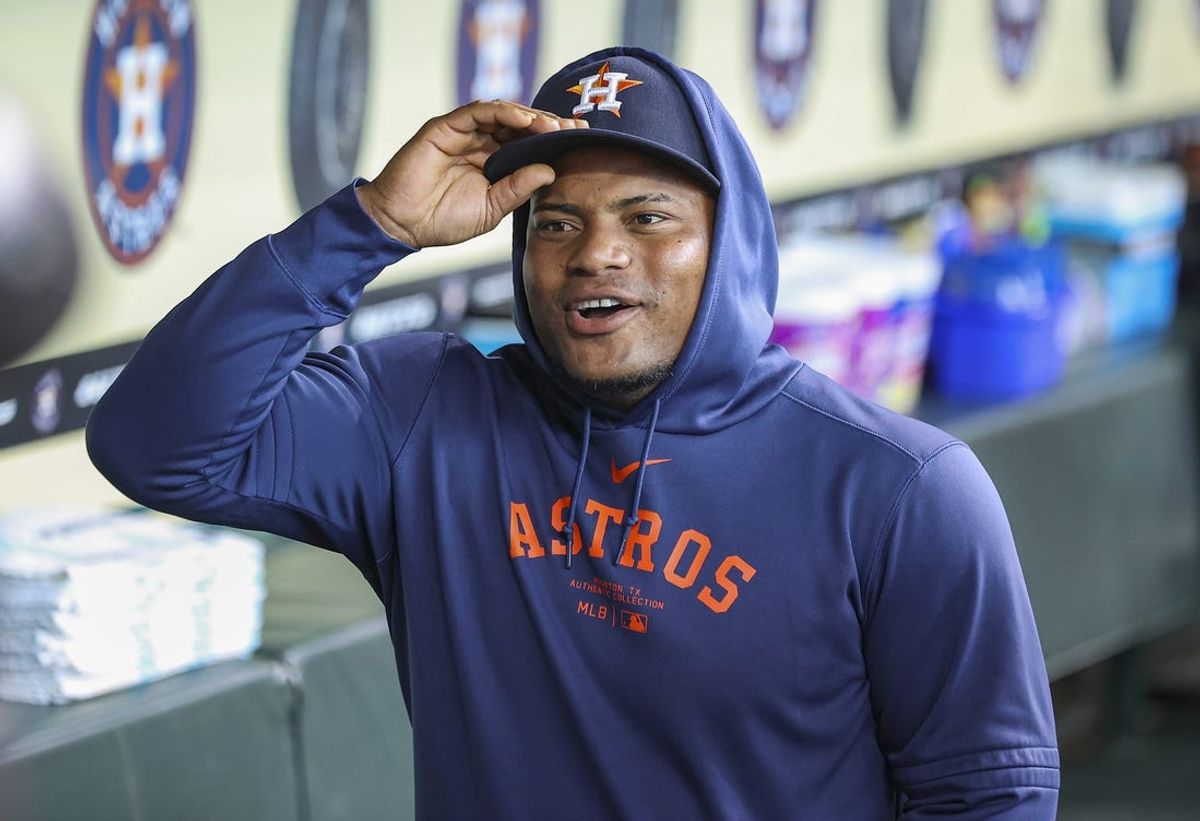 Jun 22, 2024; Houston, Texas, USA; Houston Astros starting pitcher Framber Valdez (59) in the dugout before the game against the Baltimore Orioles at Minute Maid Park. Mandatory Credit: Troy Taormina-USA TODAY Sports