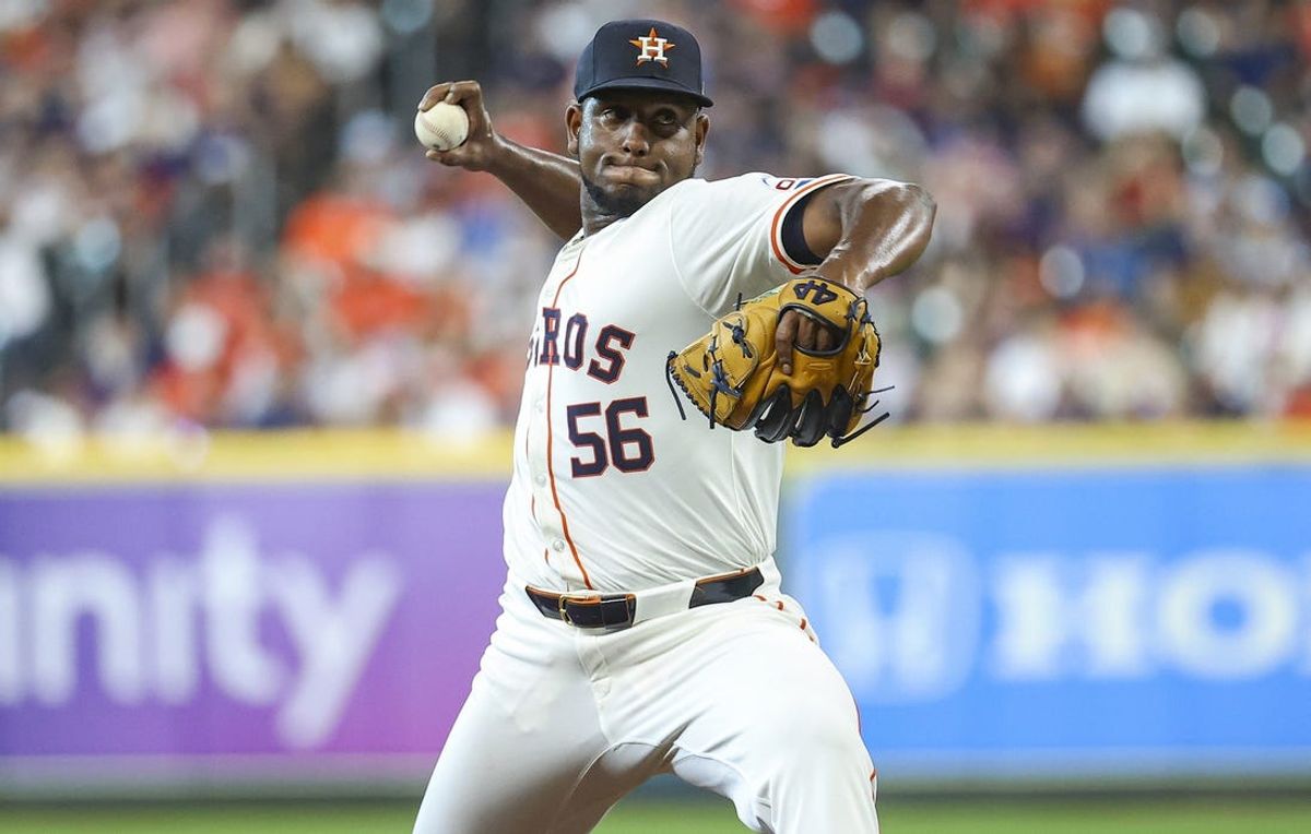Jun 22, 2024; Houston, Texas, USA; Houston Astros starting pitcher Ronel Blanco (56) delivers a pitch during the second inning against the Baltimore Orioles at Minute Maid Park. Mandatory Credit: Troy Taormina-USA TODAY Sports