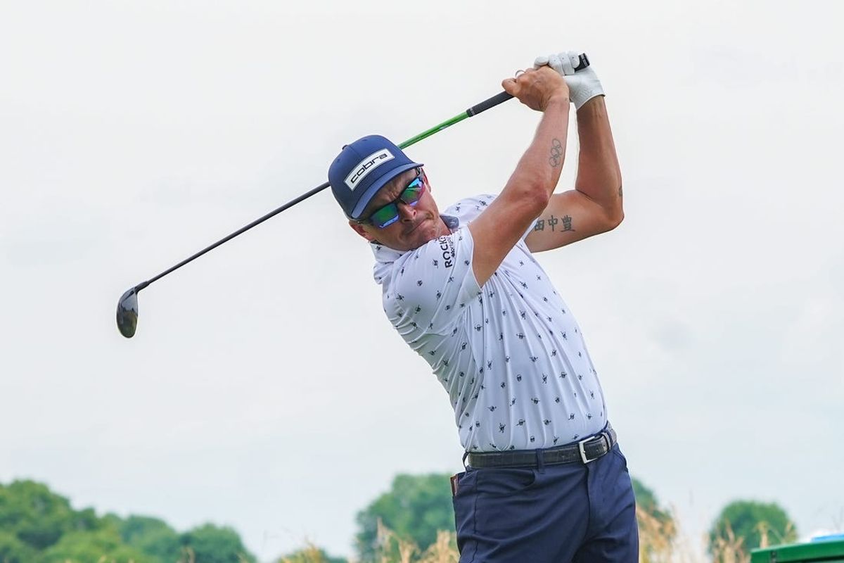 Jun 22, 2024; Cromwell, Connecticut, USA; Rickie Fowler tees off at the third hole during the third round of the Travelers Championship golf tournament at TPC River Highlands. Mandatory Credit: Gregory Fisher-USA TODAY Sports
