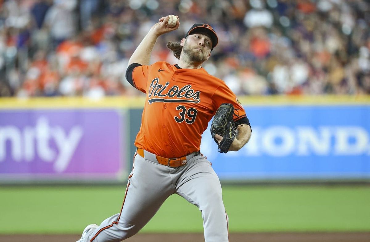 Jun 22, 2024; Houston, Texas, USA; Baltimore Orioles starting pitcher Corbin Burnes (39) delivers a pitch during the second inning against the Houston Astros at Minute Maid Park. Mandatory Credit: Troy Taormina-USA TODAY Sports