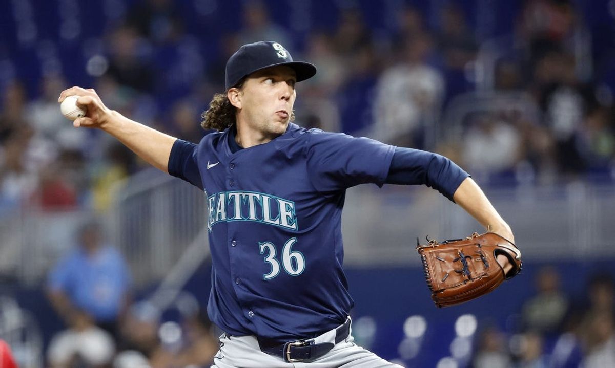 Jun 22, 2024; Miami, Florida, USA;  Seattle Mariners starting pitcher Logan Gilbert (36) pitches against the Miami Marlins in the first inning at loanDepot Park. Mandatory Credit: Rhona Wise-USA TODAY Sports