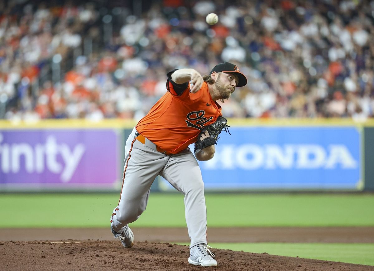 Jun 22, 2024; Houston, Texas, USA; Baltimore Orioles starting pitcher Corbin Burnes (39) delivers a pitch during the second inning against the Houston Astros at Minute Maid Park. Mandatory Credit: Troy Taormina-USA TODAY Sports