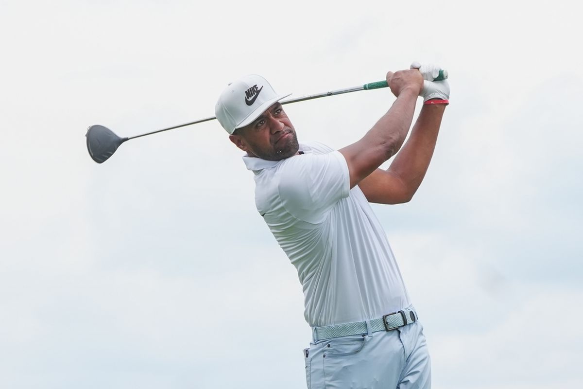 Jun 22, 2024; Cromwell, Connecticut, USA; Tony Finau tees off on the third hole during the third round of the Travelers Championship golf tournament at TPC River Highlands. Mandatory Credit: Gregory Fisher-USA TODAY Sports